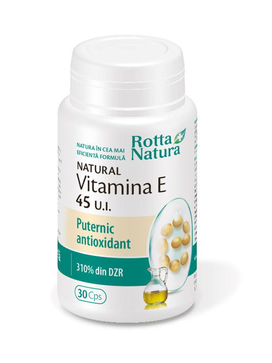 Supliment Vitamina E (D-alfa-tocoferol) din semințe de soia, 45 U.I., capsule pentru protecție antioxidantă, fertilitate și sănătatea pielii.