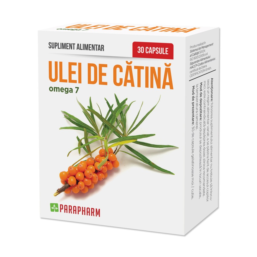 Supliment alimentar cu ulei de cătină presat la rece 500 mg, capsule bogate în Omega 3 și Omega 7 pentru controlul colesterolului și susținerea metabolismului.