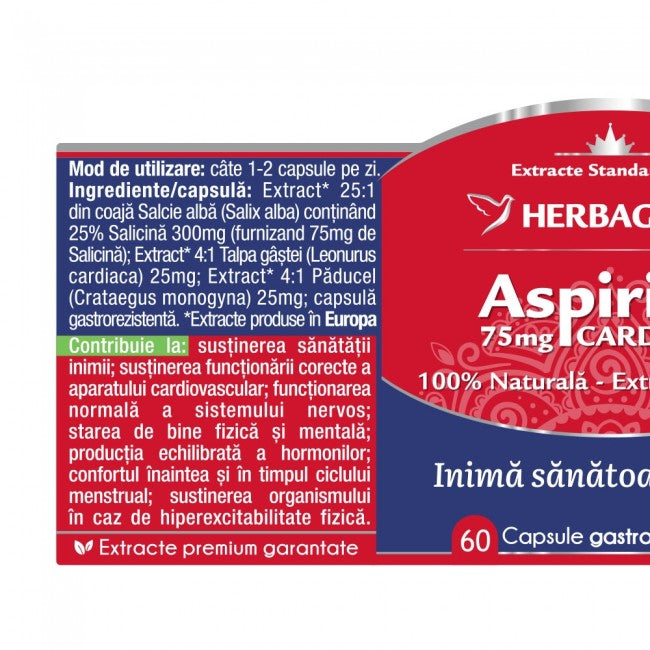 Eticheta supliment alimentar Inima Sănătoasă, capsule vegetale pentru susținerea circulației sangvine și prevenirea afecțiunilor cardiovasculare.