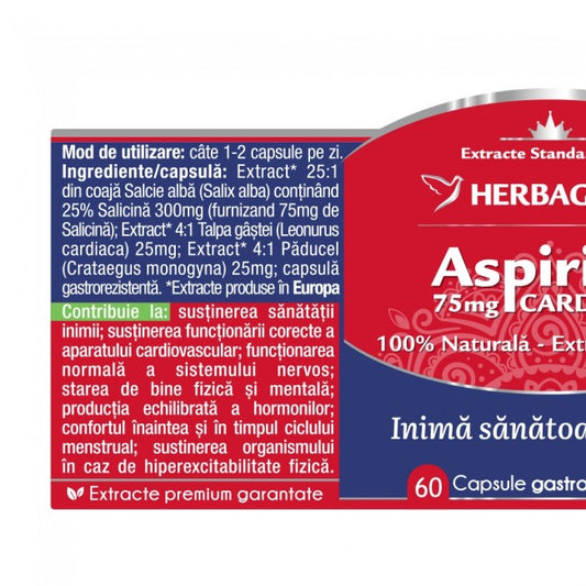 Eticheta supliment alimentar Inima Sănătoasă, capsule vegetale pentru susținerea circulației sangvine și prevenirea afecțiunilor cardiovasculare.