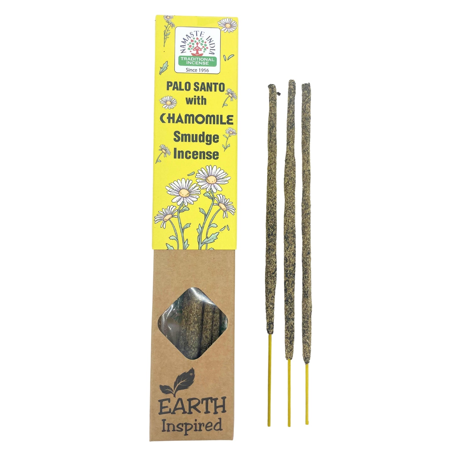 Bețișoare parfumate Namaste India Earth Inspired cu Palo Santo și mușețel, realizate manual din ingrediente naturale.