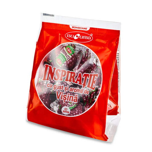Bomboane Bucuria Inspirație cu vișine, jeleu de fructe învelit în ciocolată neagră, desert fin cu aromă naturală.
