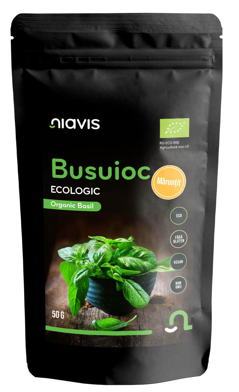Busuioc mărunțit ecologic Niavis 50g, condiment bio premium din Egipt, bogat în antioxidanți pentru paste, sosuri și salate.