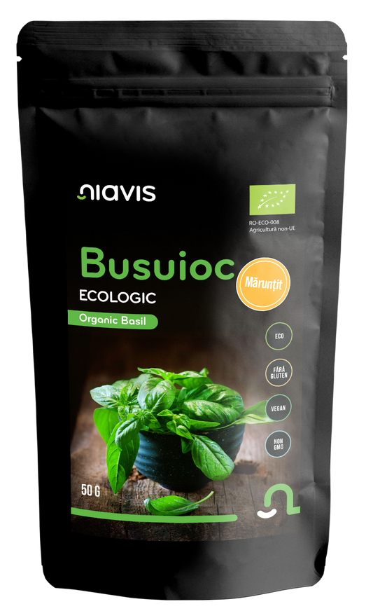 Busuioc mărunțit ecologic Niavis 50g, condiment bio premium din Egipt, bogat în antioxidanți pentru paste, sosuri și salate.