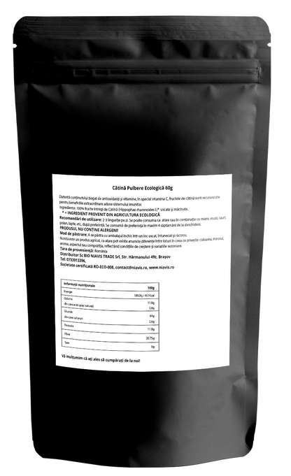 Pulbere de cătină ecologică Niavis, 100% naturală din România, bogată în vitamina C și antioxidanți.