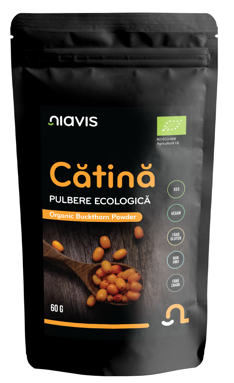 Pulbere de cătină ecologică Niavis, 100% naturală din România, bogată în vitamina C și antioxidanți.