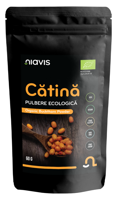 Pulbere de cătină ecologică Niavis, 100% naturală din România, bogată în vitamina C și antioxidanți.