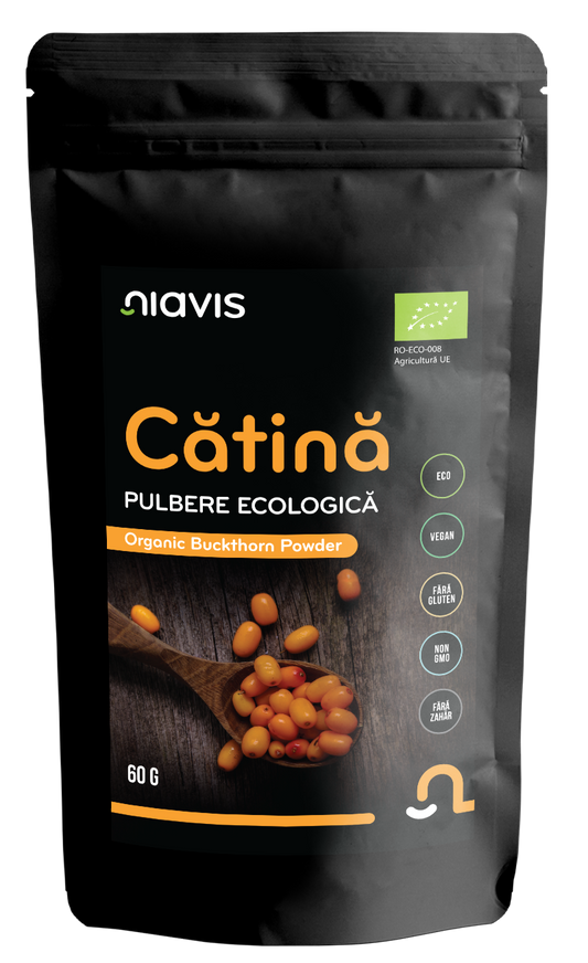Pulbere de cătină ecologică Niavis, 100% naturală din România, bogată în vitamina C și antioxidanți.