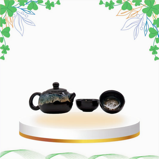 Set de Ceai cu Glazura Neagra - Ceainic si Doua Cesti