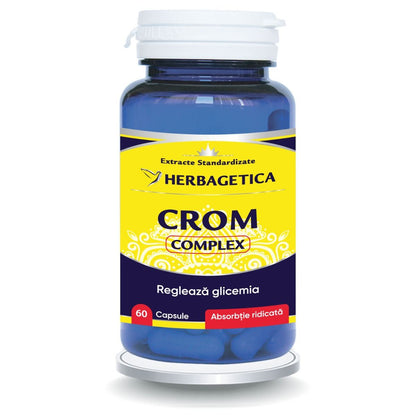Supliment Crom Complex cu minerale și vitamine 100% naturale, conține drojdie de bere îmbogățită cu crom și extract de Acerola pentru controlul glicemiei și al apetitului.