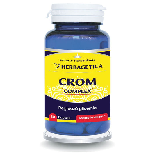 Supliment Crom Complex cu minerale și vitamine 100% naturale, conține drojdie de bere îmbogățită cu crom și extract de Acerola pentru controlul glicemiei și al apetitului.