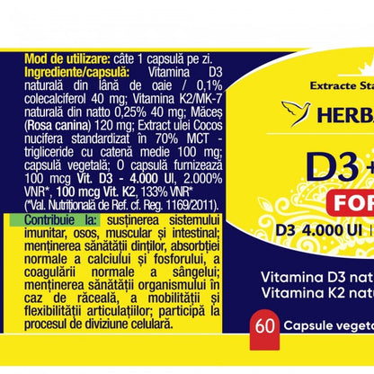 Herbagetica ,D3+K2 Forte x 60 Capsule