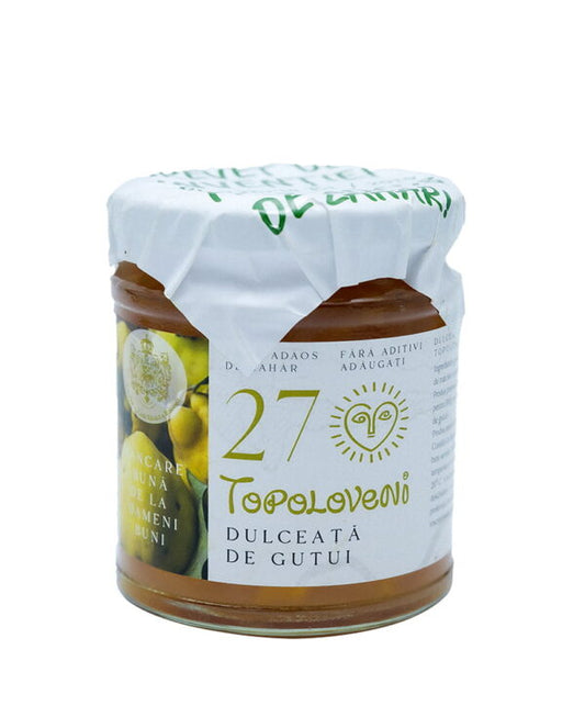 Borcan de dulceață de gutui Topoloveni, fără zahăr adăugat, realizată din ingrediente naturale.
