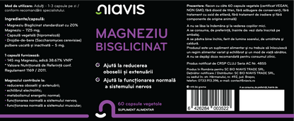 Eticheta supliment Magneziu Bisglicinat Niavis, capsule vegetale cu absorbție ridicată pentru relaxare musculară și sistem nervos.