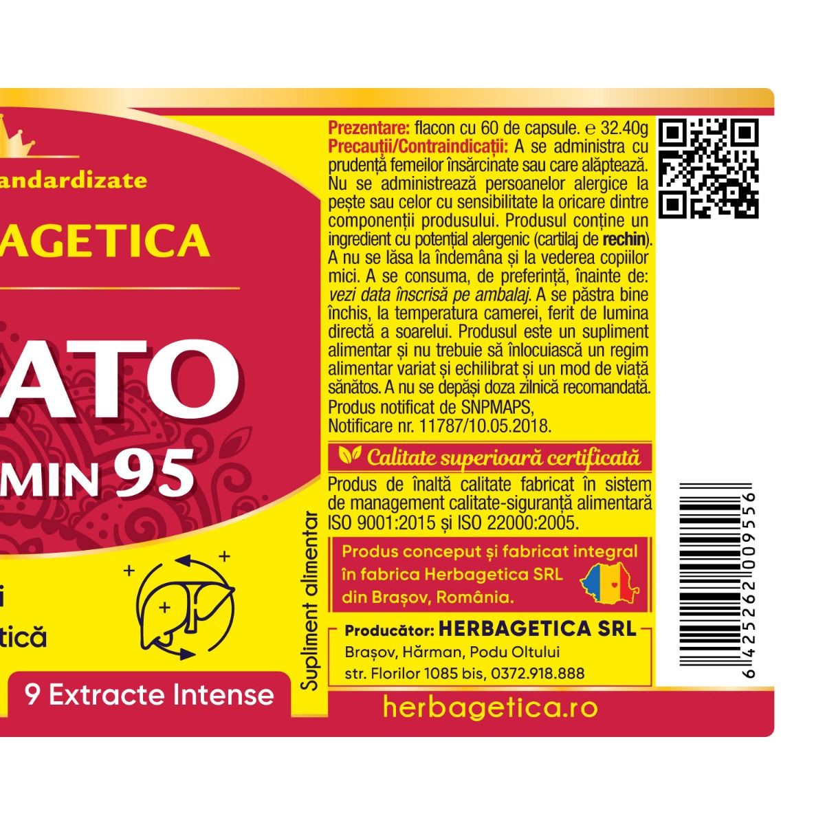 Supliment Hepato Curcumin95, capsule vegetale cu Curcumin, Silimarină și 9 extracte naturale pentru detoxifiere hepatică și regenerarea ficatului.