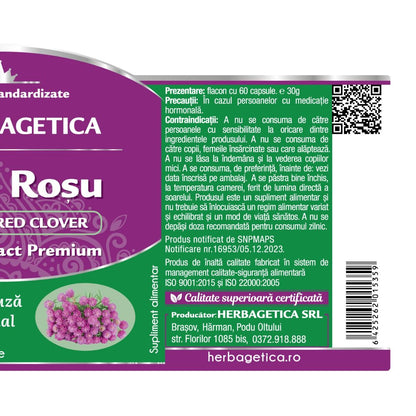 Eticheta 2 supliment Trifoi Roșu (Red Clover) 400 mg, extract 4:1 pentru ameliorarea simptomelor menopauzei, reducerea bufeurilor și susținerea sistemului osos.