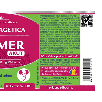 Eticheta supliment Urimer Akut pentru infecții urinare, formulă ultra-concentrată cu 81 mg PAC din merișor și aronia, extracte de strugurii-ursului și splinuță, cu efect rapid în eliminarea disconfortului și a bacteriilor E.coli.