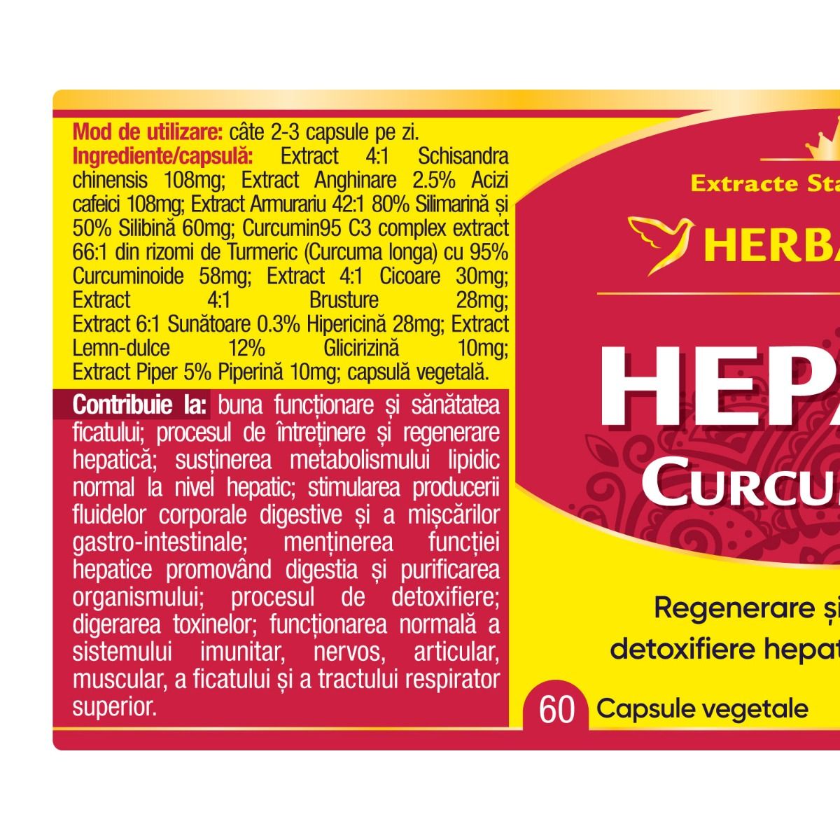 Supliment Hepato Curcumin95, capsule vegetale cu Curcumin, Silimarină și 9 extracte naturale pentru detoxifiere hepatică și regenerarea ficatului.