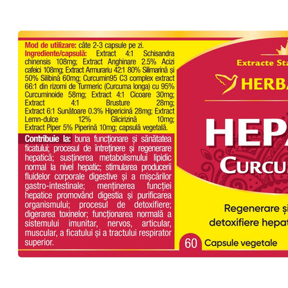 Supliment Hepato Curcumin95, capsule vegetale cu Curcumin, Silimarină și 9 extracte naturale pentru detoxifiere hepatică și regenerarea ficatului.