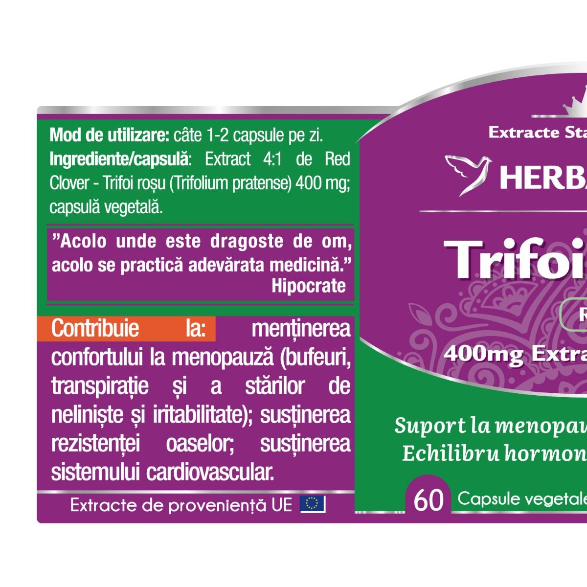 Eticheta 1 supliment Trifoi Roșu (Red Clover) 400 mg, extract 4:1 pentru ameliorarea simptomelor menopauzei, reducerea bufeurilor și susținerea sistemului osos.