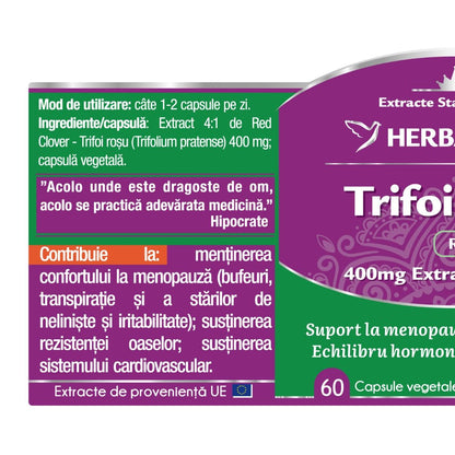 Eticheta 1 supliment Trifoi Roșu (Red Clover) 400 mg, extract 4:1 pentru ameliorarea simptomelor menopauzei, reducerea bufeurilor și susținerea sistemului osos.