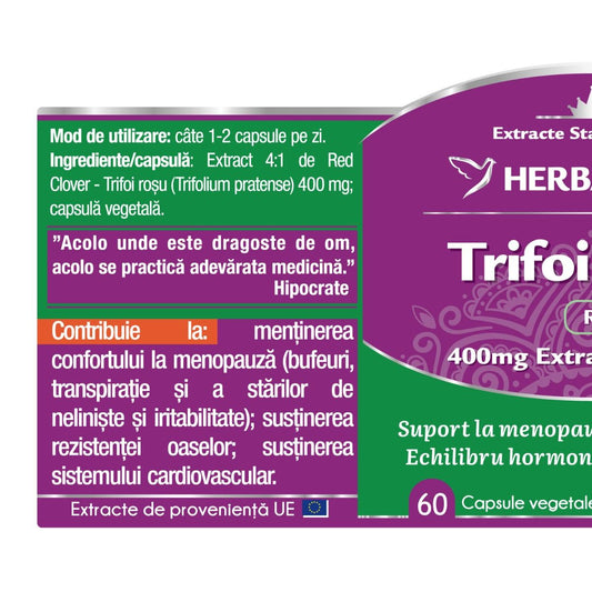 Eticheta 1 supliment Trifoi Roșu (Red Clover) 400 mg, extract 4:1 pentru ameliorarea simptomelor menopauzei, reducerea bufeurilor și susținerea sistemului osos.