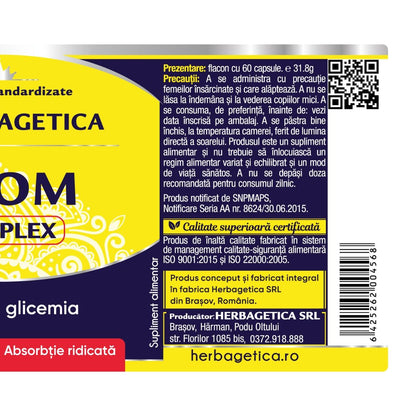 Eticheta supliment Crom Complex cu minerale și vitamine 100% naturale, conține drojdie de bere îmbogățită cu crom și extract de Acerola pentru controlul glicemiei și al apetitului.