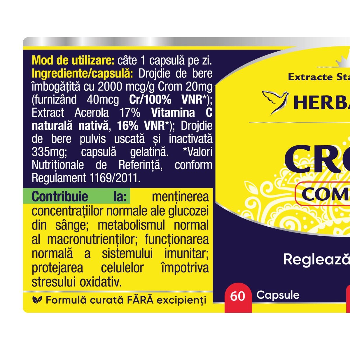 Eticheta supliment Crom Complex cu minerale și vitamine 100% naturale, conține drojdie de bere îmbogățită cu crom și extract de Acerola pentru controlul glicemiei și al apetitului.