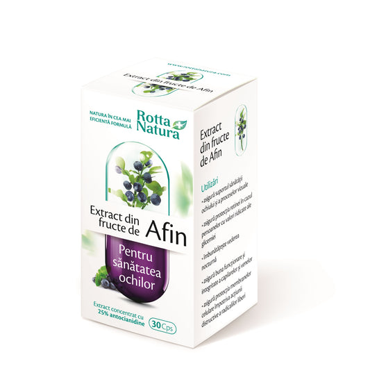 Supliment cu Extract de Afin Rotta Natura, standardizat cu 25% antocianidine, ideal pentru protecția retinei, vederea nocturnă și sănătatea capilarelor oculare.