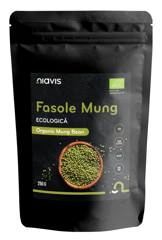 Fasole Mung ecologică Niavis 250g, boabe verzi bogate în proteine vegetale și fibre, ideale pentru salate, supe și germinare.