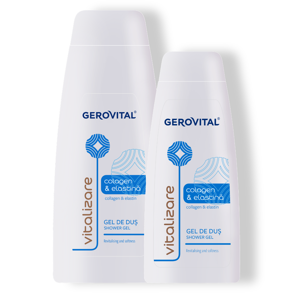 Gel de duș Gerovital cu Colagen și Elastină, textură delicată și parfum floral pentru fermitatea pielii.