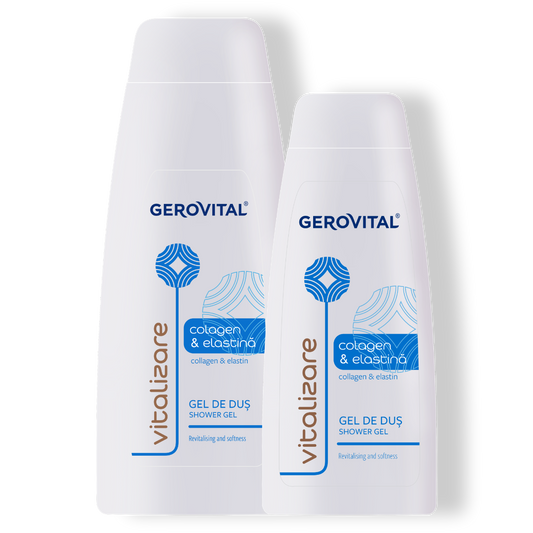 Gel de duș Gerovital cu Colagen și Elastină, textură delicată și parfum floral pentru fermitatea pielii.