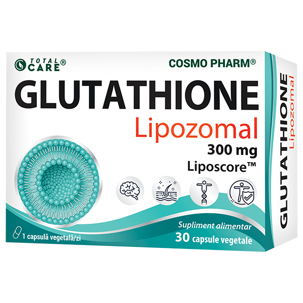 Supliment Glutathione Lipozomal 300 mg, capsule vegetale cu tehnologie Liposcore™ pentru absorbție maximă, detoxifiere hepatică și protecție antioxidantă.