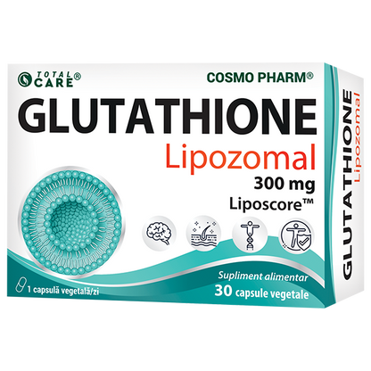 Supliment Glutathione Lipozomal 300 mg, capsule vegetale cu tehnologie Liposcore™ pentru absorbție maximă, detoxifiere hepatică și protecție antioxidantă.