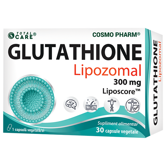 Supliment Glutathione Lipozomal 300 mg, capsule vegetale cu tehnologie Liposcore™ pentru absorbție maximă, detoxifiere hepatică și protecție antioxidantă.