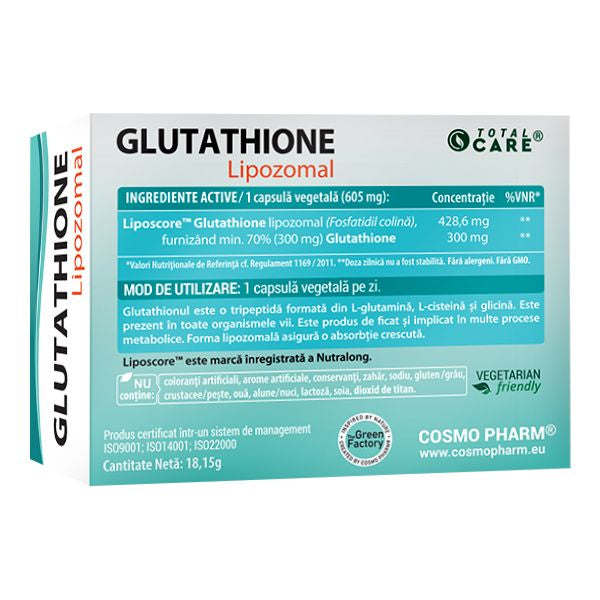 Eticheta supliment Glutathione Lipozomal 300 mg, capsule vegetale cu tehnologie Liposcore™ pentru absorbție maximă, detoxifiere hepatică și protecție antioxidantă.