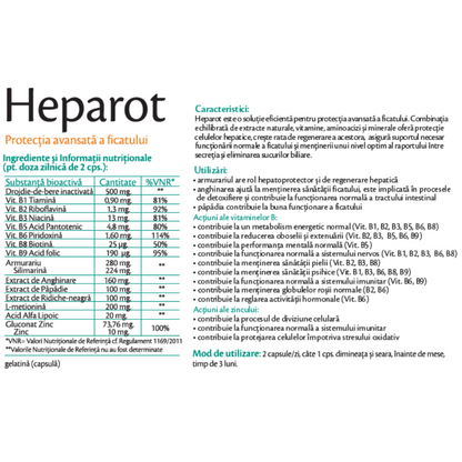 Eticheta supliment alimentar pentru protecția ficatului cu silimarină, anghinare și complex de vitamine B, 60 capsule.