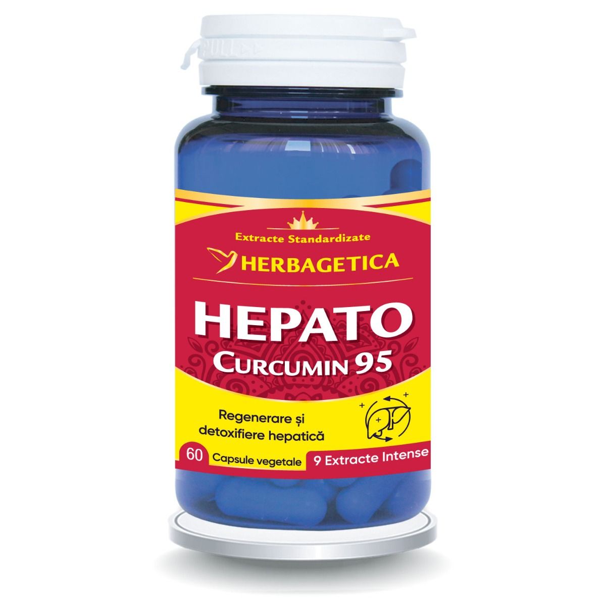 Supliment Hepato Curcumin95, capsule vegetale cu Curcumin, Silimarină și 9 extracte naturale pentru detoxifiere hepatică și regenerarea ficatului.