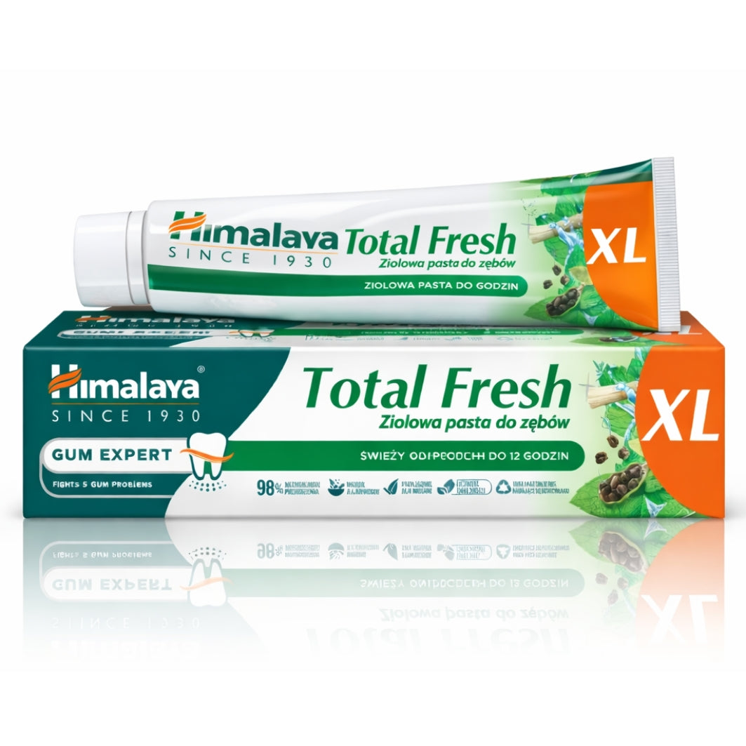 Pastă de dinți Himalaya Total Fresh cu ingrediente naturale și plante, pentru combaterea plăcii bacteriene, protecția gingiilor și respirație proaspătă.