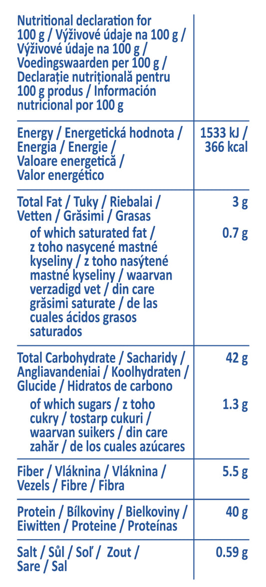 Ingrediente paste fusilli proteice din linte roșie și mazăre galbenă, 40g proteine, fără gluten, ideale pentru sportivi și vegani.