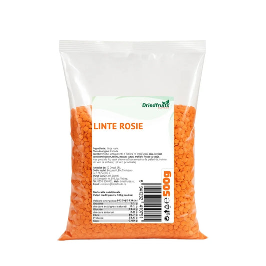 Linte roșie decorticată Driedfruits, sursă naturală de proteine vegetale și fibre, ambalată pentru gătit rapid în supe și tocănițe.