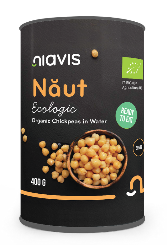 Năut Ecologic Niavis 400g, gata pentru consum (ready to eat), ideal pentru hummus, salate și rețete vegane.