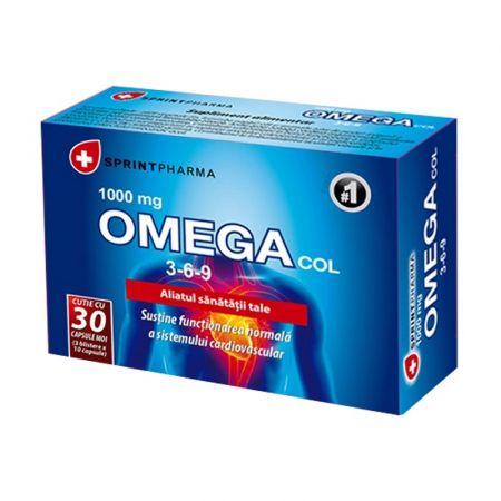 Supliment Omegacol 369 cu ulei de in, luminița nopții și ulei de pește, capsule pentru reglarea colesterolului, sănătatea inimii și hidratarea pielii.