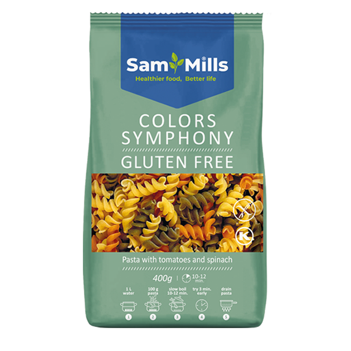 Paste fără gluten Colors Symphony, din porumb nemodificat genetic, colorate natural cu roșii și spanac.