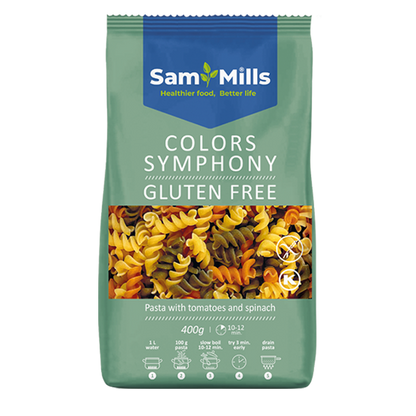 Paste fără gluten Colors Symphony, din porumb nemodificat genetic, colorate natural cu roșii și spanac.