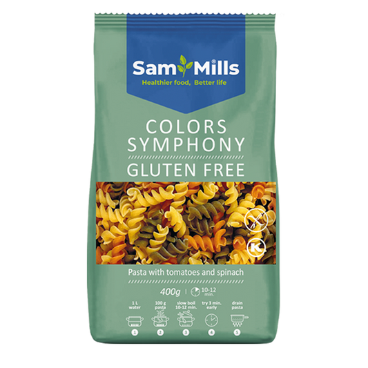 Paste fără gluten Colors Symphony, din porumb nemodificat genetic, colorate natural cu roșii și spanac.