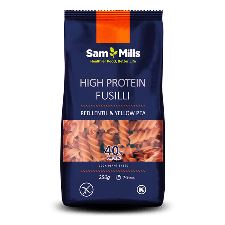 Paste fusilli proteice din linte roșie și mazăre galbenă, 40g proteine, fără gluten, ideale pentru sportivi și vegani.