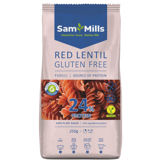 Paste Fusilli din 100% linte roșie, fără gluten, bogate în proteine vegetale și fibre, aspect spiralat portocaliu.