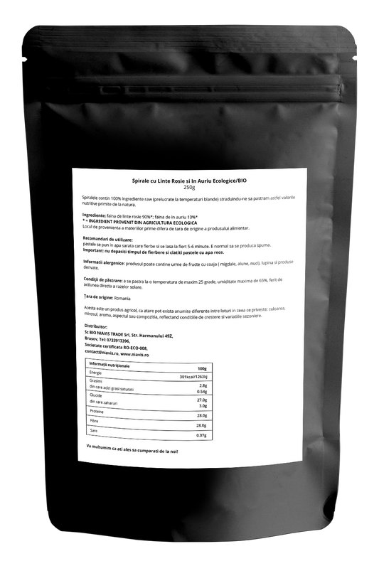 Eticheta spirale ecologice Niavis din linte roșie și in auriu, 250g, paste fără gluten bogate în proteine vegetale și Omega-3.
