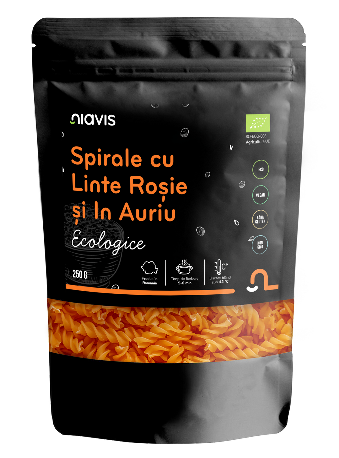 Spirale ecologice Niavis din linte roșie și in auriu, 250g, paste fără gluten bogate în proteine vegetale și Omega-3.